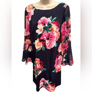 1067 / J Howard Navy & Multicolored Floral Sheer Sleeve Dress Women’s Size 6